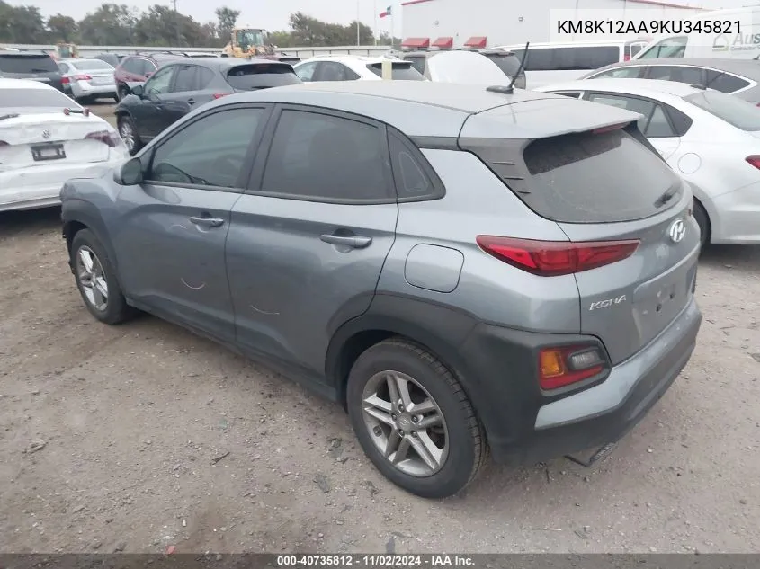 2019 Hyundai Kona Se VIN: KM8K12AA9KU345821 Lot: 40735812