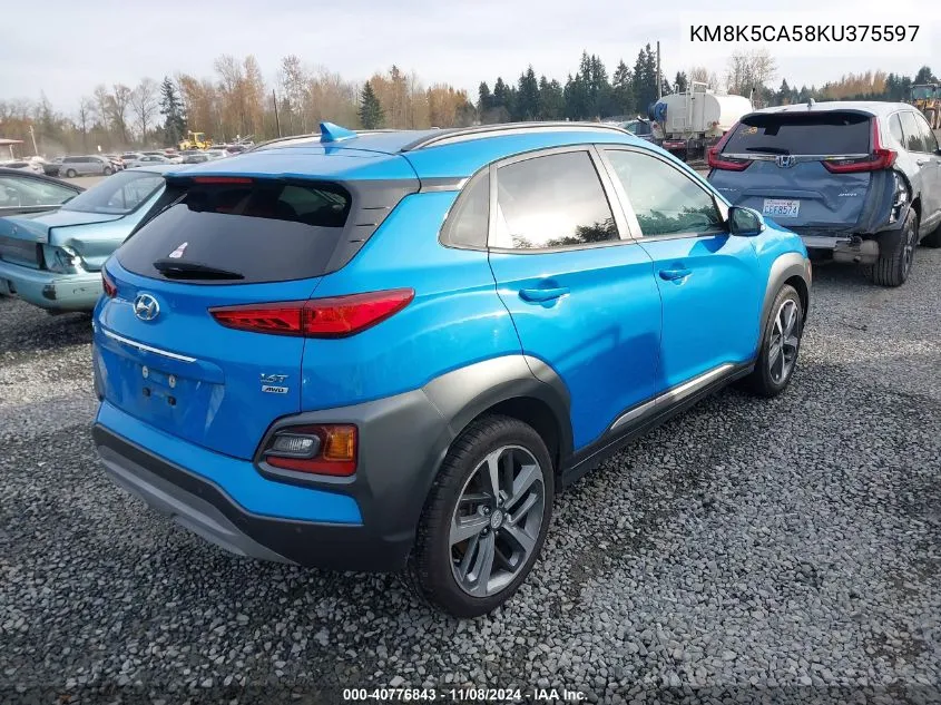 2019 Hyundai Kona Ultimate VIN: KM8K5CA58KU375597 Lot: 40776843