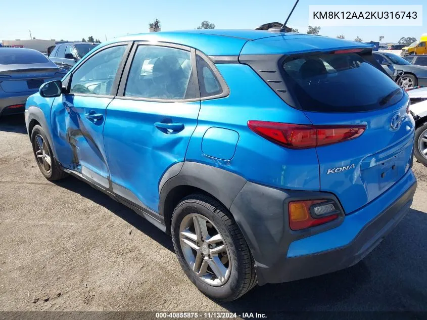 KM8K12AA2KU316743 2019 Hyundai Kona Se