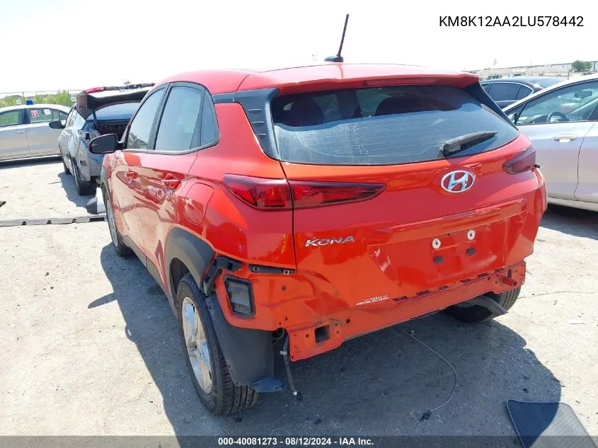 2020 Hyundai Kona Se VIN: KM8K12AA2LU578442 Lot: 40081273