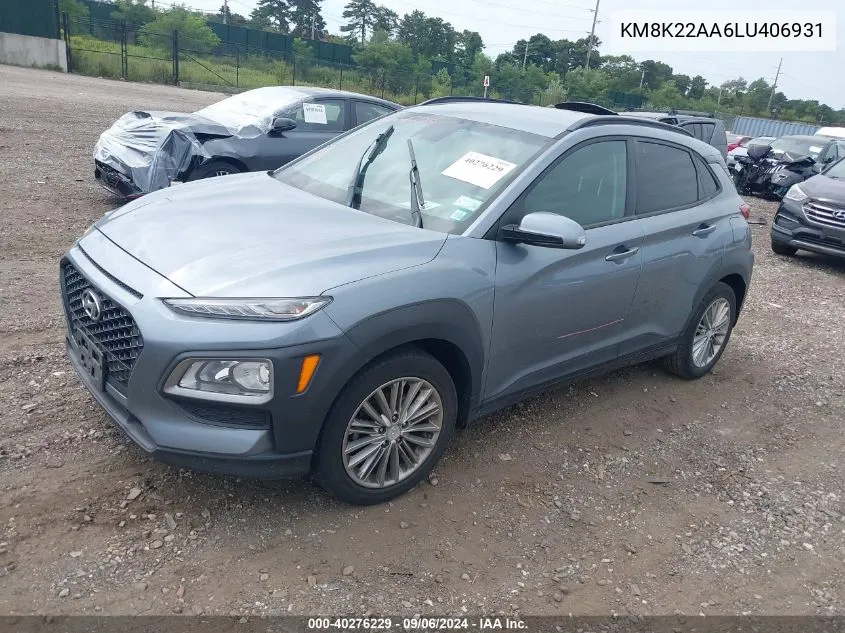 2020 Hyundai Kona Sel VIN: KM8K22AA6LU406931 Lot: 40276229