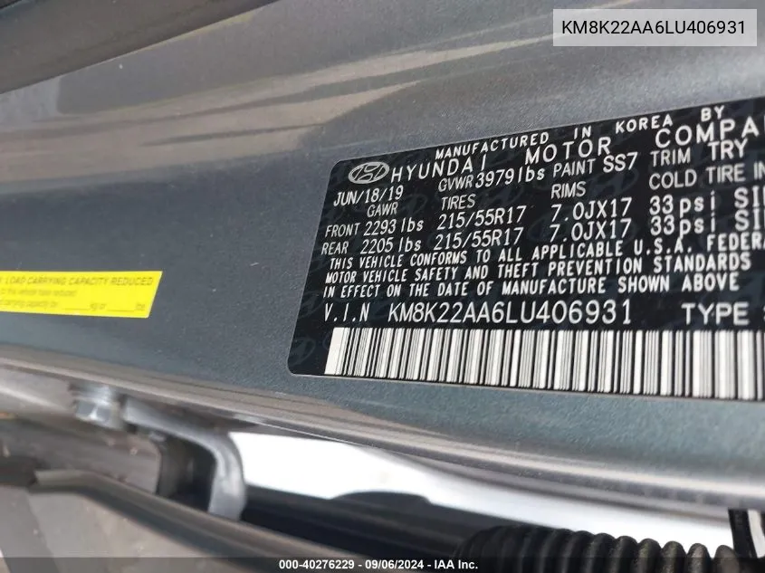 KM8K22AA6LU406931 2020 Hyundai Kona Sel