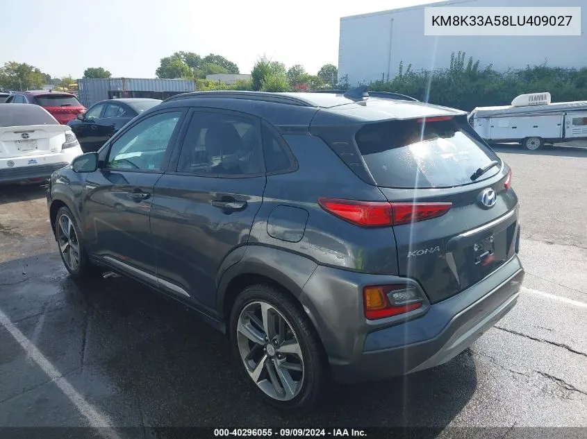 2020 Hyundai Kona Limited VIN: KM8K33A58LU409027 Lot: 40296055