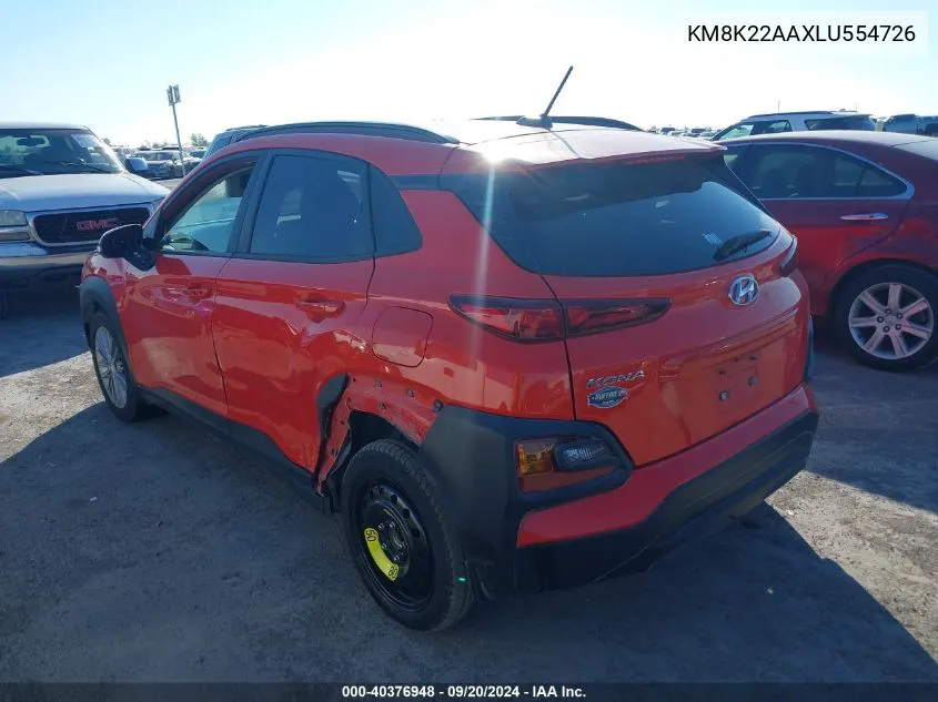 2020 Hyundai Kona Sel VIN: KM8K22AAXLU554726 Lot: 40376948