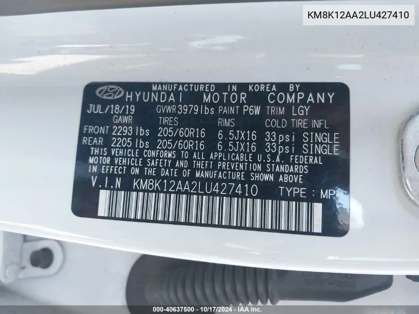 KM8K12AA2LU427410 2020 Hyundai Kona Se