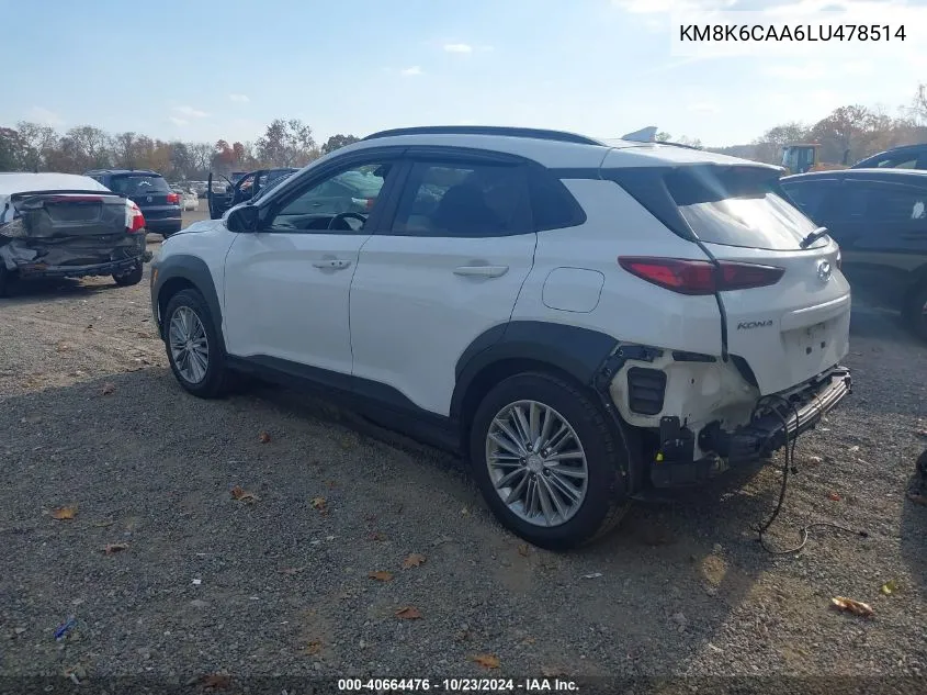 2020 Hyundai Kona Sel Plus VIN: KM8K6CAA6LU478514 Lot: 40664476