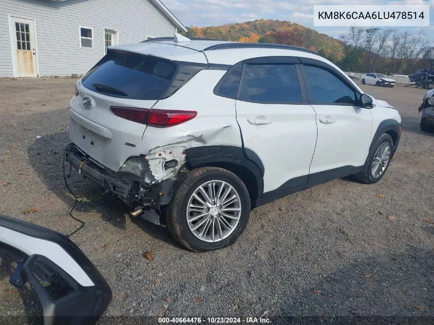 2020 Hyundai Kona Sel Plus VIN: KM8K6CAA6LU478514 Lot: 40664476