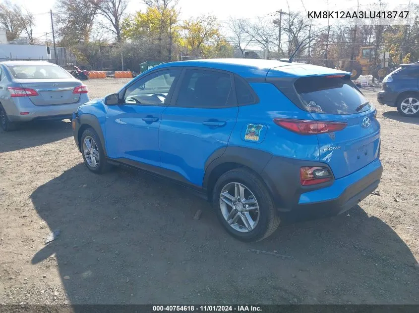 2020 Hyundai Kona Se VIN: KM8K12AA3LU418747 Lot: 40754618