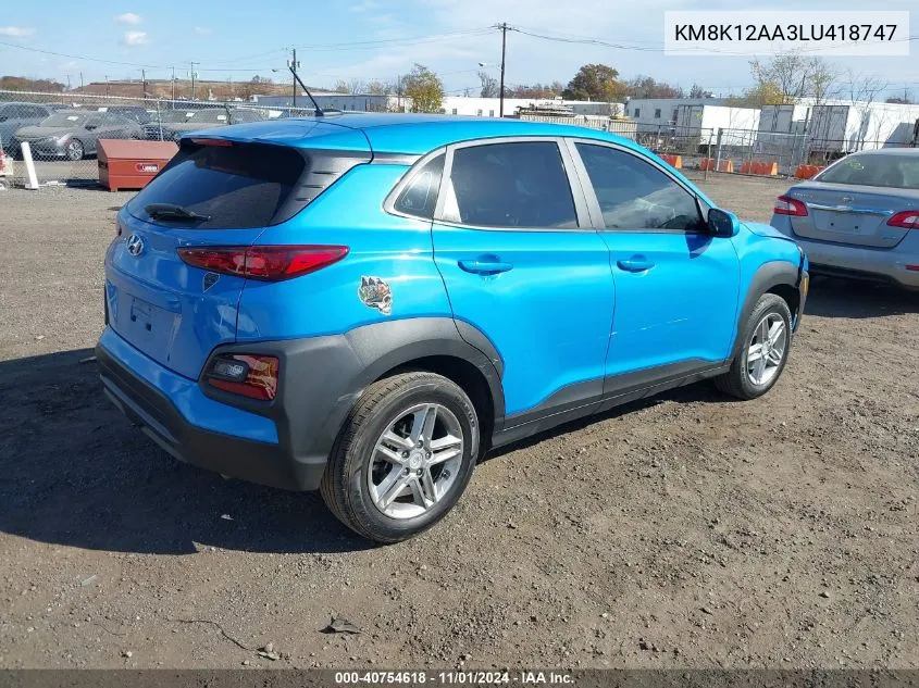 2020 Hyundai Kona Se VIN: KM8K12AA3LU418747 Lot: 40754618