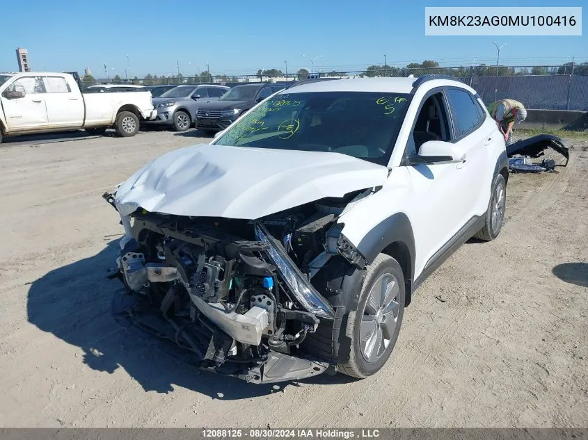 2021 Hyundai Kona Electric Preferred VIN: KM8K23AG0MU100416 Lot: 12088125