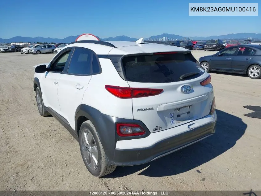 2021 Hyundai Kona Electric Preferred VIN: KM8K23AG0MU100416 Lot: 12088125