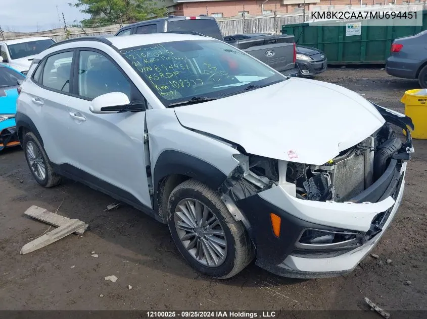 2021 Hyundai Kona Preferred Awd VIN: KM8K2CAA7MU694451 Lot: 12100025