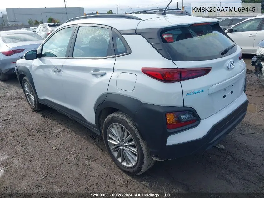 2021 Hyundai Kona Preferred Awd VIN: KM8K2CAA7MU694451 Lot: 12100025