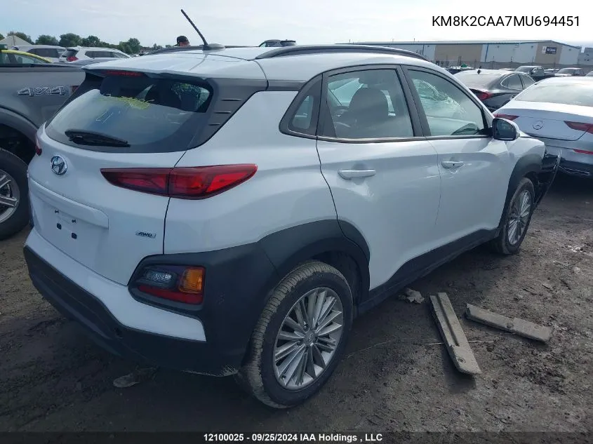 2021 Hyundai Kona Preferred Awd VIN: KM8K2CAA7MU694451 Lot: 12100025