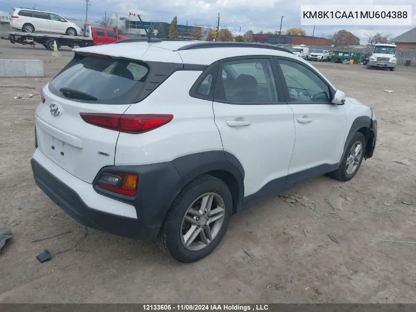 2021 Hyundai Kona Essential Awd VIN: KM8K1CAA1MU604388 Lot: 12133605