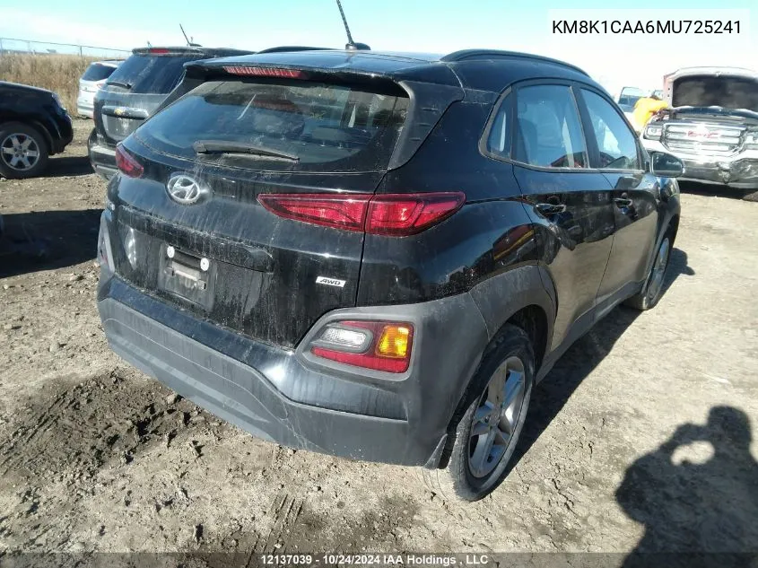 2021 Hyundai Kona Essential Awd VIN: KM8K1CAA6MU725241 Lot: 12137039