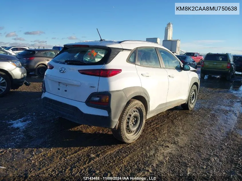 2021 Hyundai Kona Sel VIN: KM8K2CAA8MU750638 Lot: 12143483