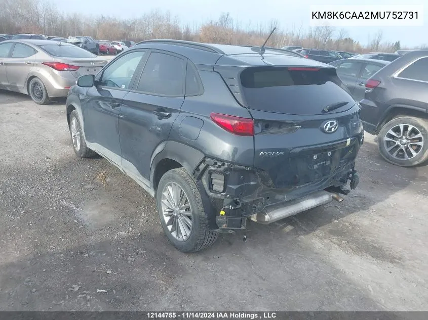 2021 Hyundai Kona Sel Plus VIN: KM8K6CAA2MU752731 Lot: 12144755