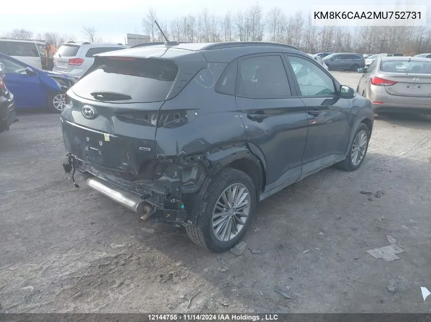 2021 Hyundai Kona Sel Plus VIN: KM8K6CAA2MU752731 Lot: 12144755