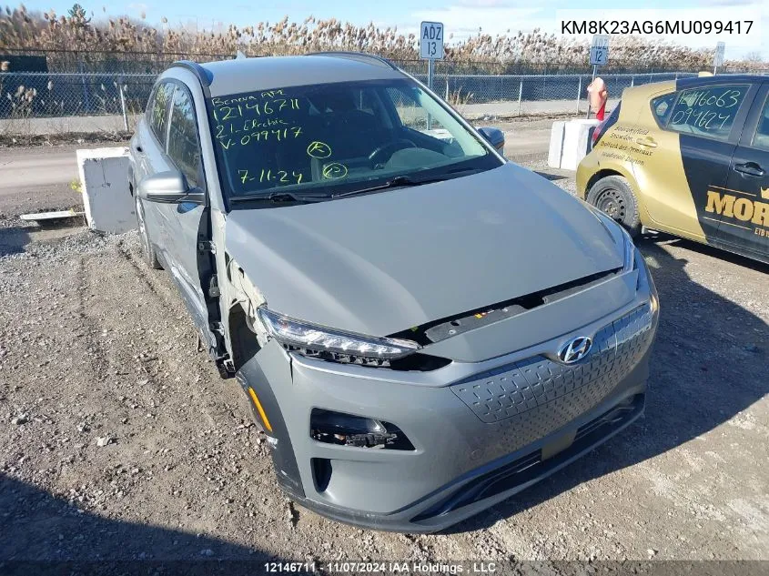 2021 Hyundai Kona Electric Preferred VIN: KM8K23AG6MU099417 Lot: 12146711