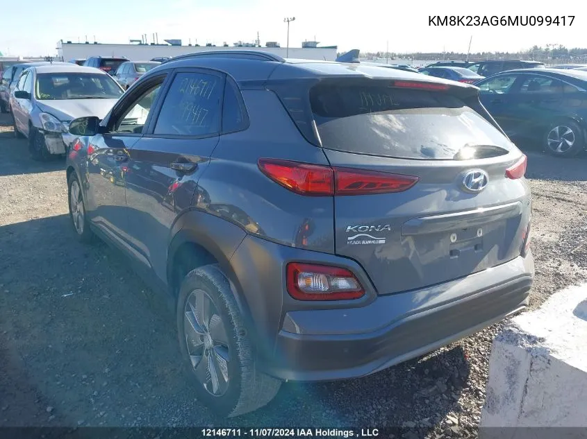 2021 Hyundai Kona Electric Preferred VIN: KM8K23AG6MU099417 Lot: 12146711