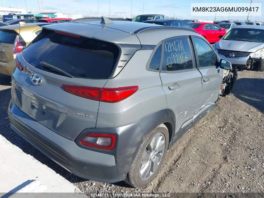 2021 Hyundai Kona Electric Preferred VIN: KM8K23AG6MU099417 Lot: 12146711