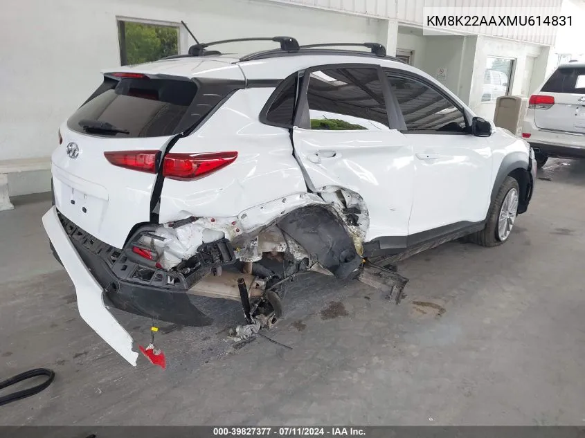 2021 Hyundai Kona Sel VIN: KM8K22AAXMU614831 Lot: 39827377