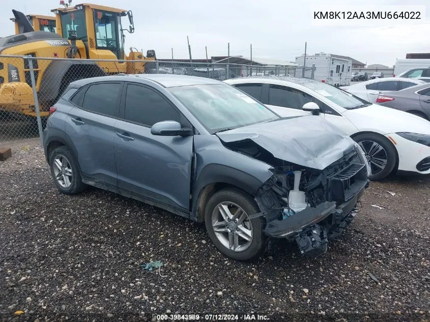 2021 Hyundai Kona Se VIN: KM8K12AA3MU664022 Lot: 39843989