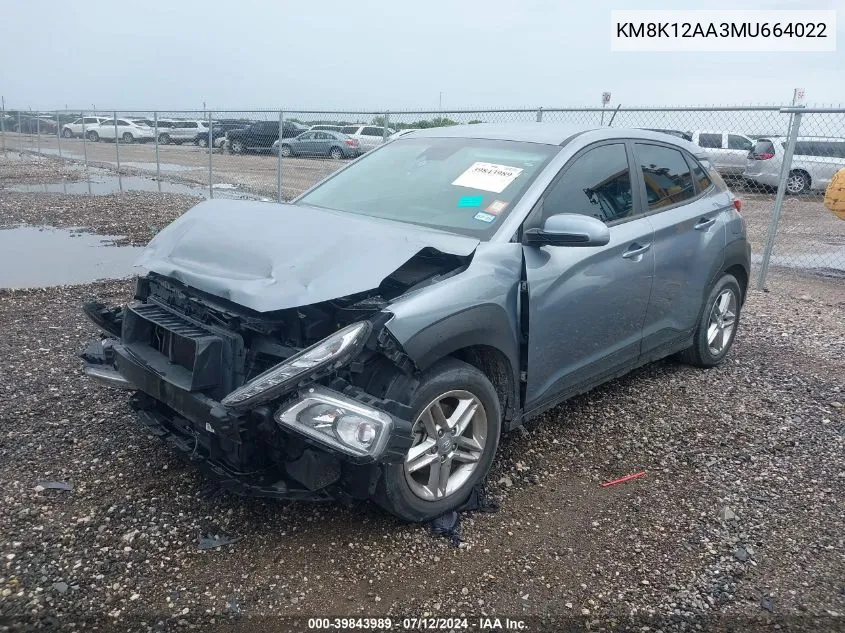 2021 Hyundai Kona Se VIN: KM8K12AA3MU664022 Lot: 39843989