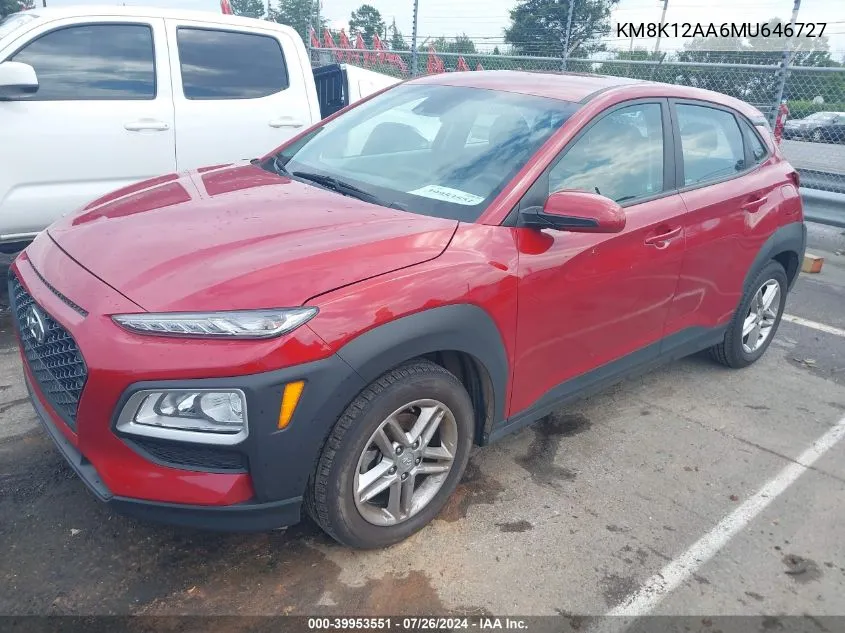 2021 Hyundai Kona Se VIN: KM8K12AA6MU646727 Lot: 39953551