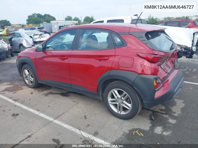 2021 Hyundai Kona Se VIN: KM8K12AA6MU646727 Lot: 39953551