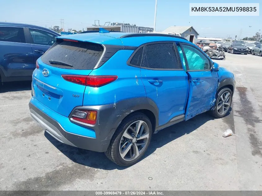 2021 Hyundai Kona Ultimate VIN: KM8K53A52MU598835 Lot: 39969479