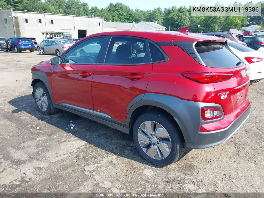 2021 Hyundai Kona Electric Ultimate VIN: KM8K53AG3MU119386 Lot: 39993023