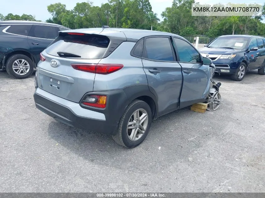 2021 Hyundai Kona Se VIN: KM8K12AA0MU708770 Lot: 39998102