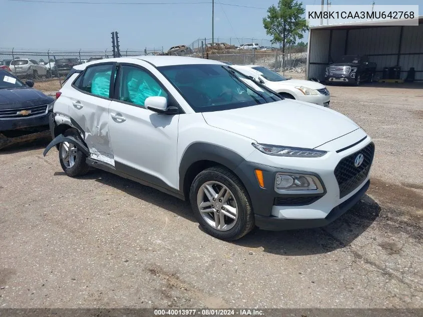 2021 Hyundai Kona Se VIN: KM8K1CAA3MU642768 Lot: 40013977