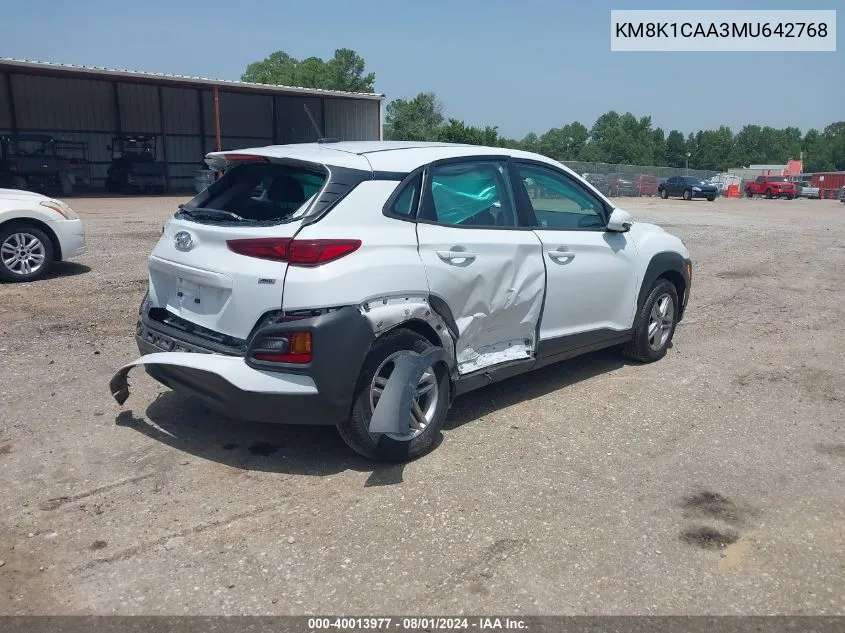 2021 Hyundai Kona Se VIN: KM8K1CAA3MU642768 Lot: 40013977