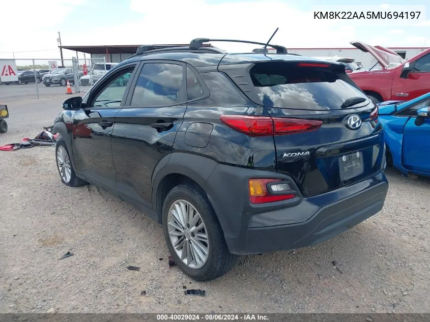 2021 Hyundai Kona Sel VIN: KM8K22AA5MU694197 Lot: 40029024