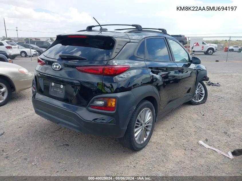 2021 Hyundai Kona Sel VIN: KM8K22AA5MU694197 Lot: 40029024