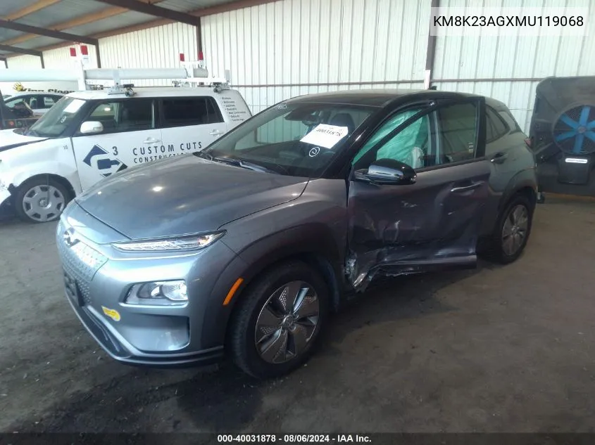 2021 Hyundai Kona Electric Sel VIN: KM8K23AGXMU119068 Lot: 40031878