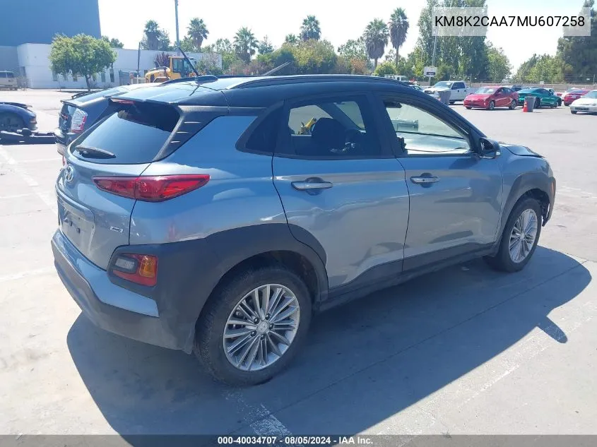 2021 Hyundai Kona Sel VIN: KM8K2CAA7MU607258 Lot: 40034707