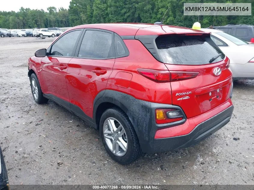 2021 Hyundai Kona Se VIN: KM8K12AA5MU645164 Lot: 40077268