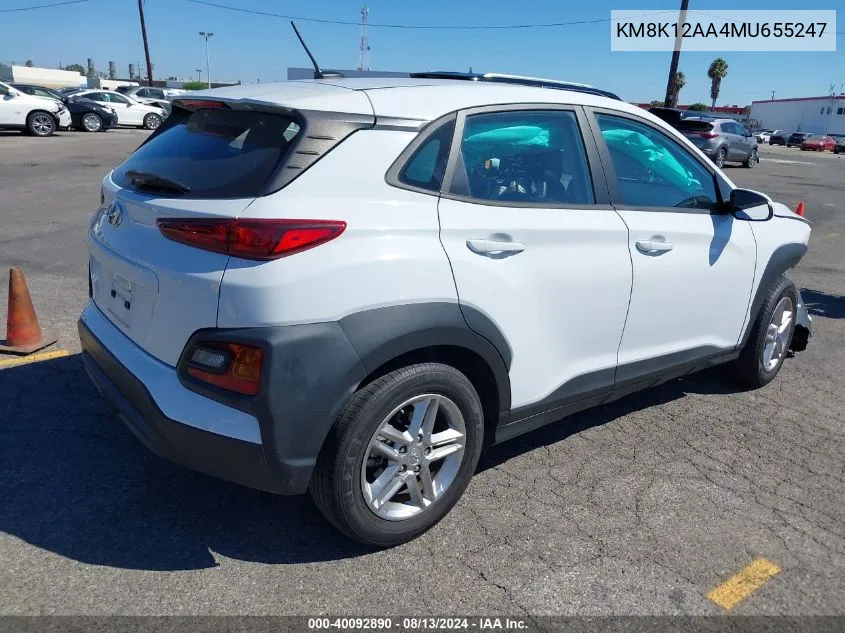 2021 Hyundai Kona Se VIN: KM8K12AA4MU655247 Lot: 40092890