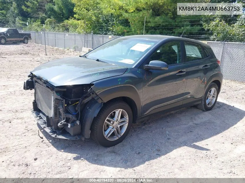 2021 Hyundai Kona Se VIN: KM8K12AA4MU663753 Lot: 40194320