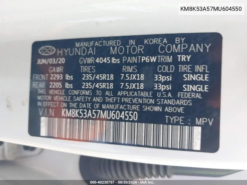 KM8K53A57MU604550 2021 Hyundai Kona Ultimate