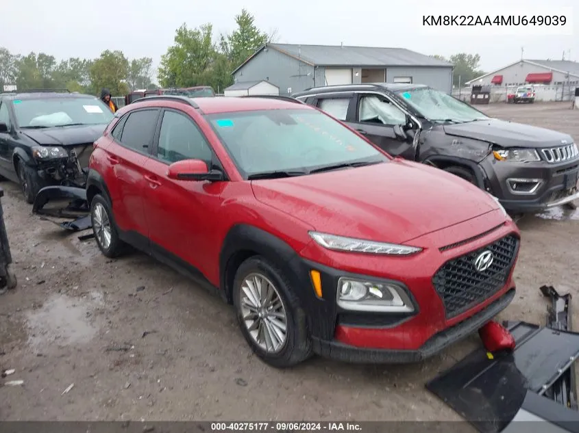 2021 Hyundai Kona Sel VIN: KM8K22AA4MU649039 Lot: 40275177