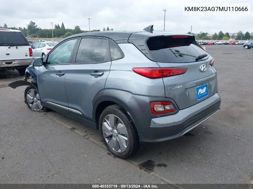 2021 Hyundai Kona Sel VIN: KM8K23AG7MU110666 Lot: 40333719