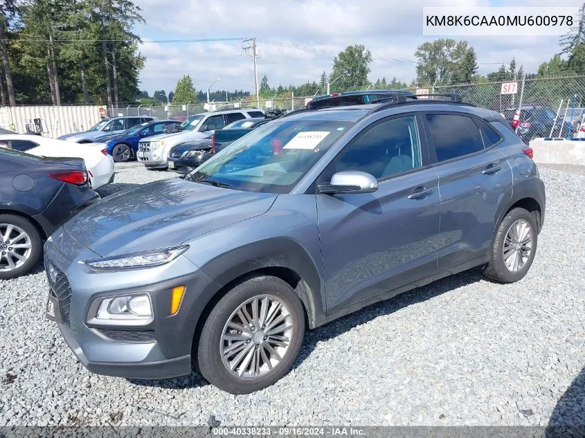 2021 Hyundai Kona Sel Plus VIN: KM8K6CAA0MU600978 Lot: 40338233