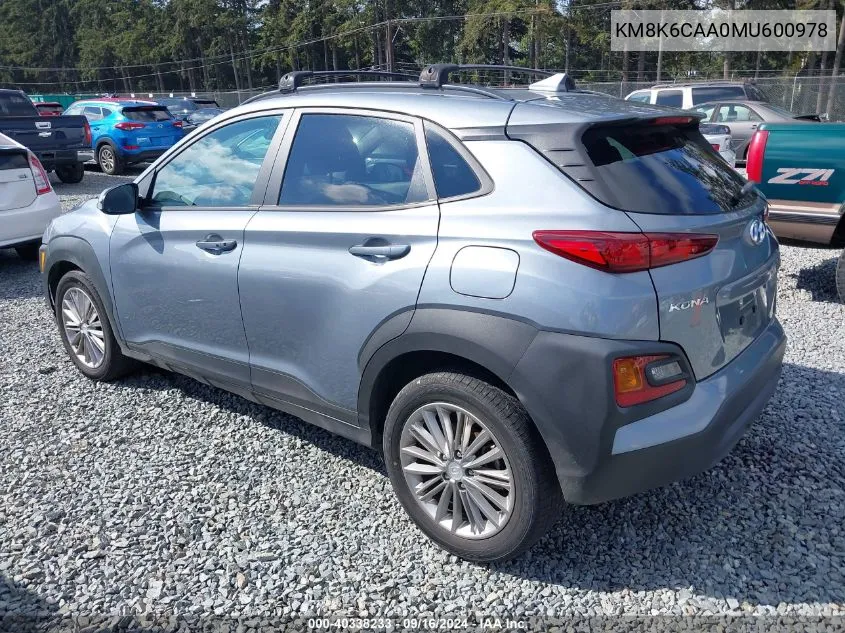 2021 Hyundai Kona Sel Plus VIN: KM8K6CAA0MU600978 Lot: 40338233