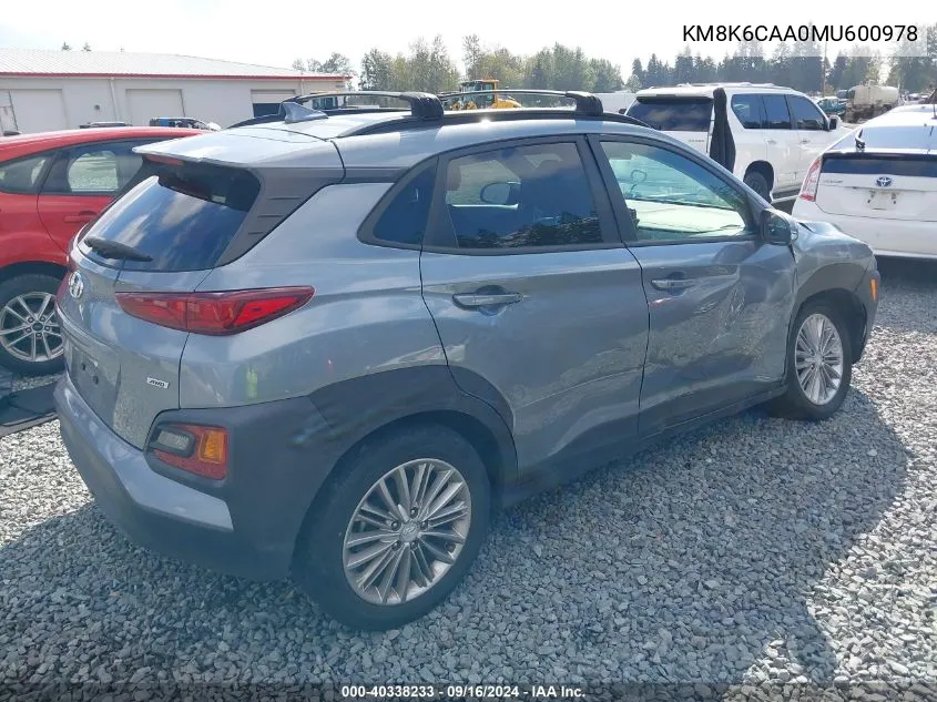 2021 Hyundai Kona Sel Plus VIN: KM8K6CAA0MU600978 Lot: 40338233