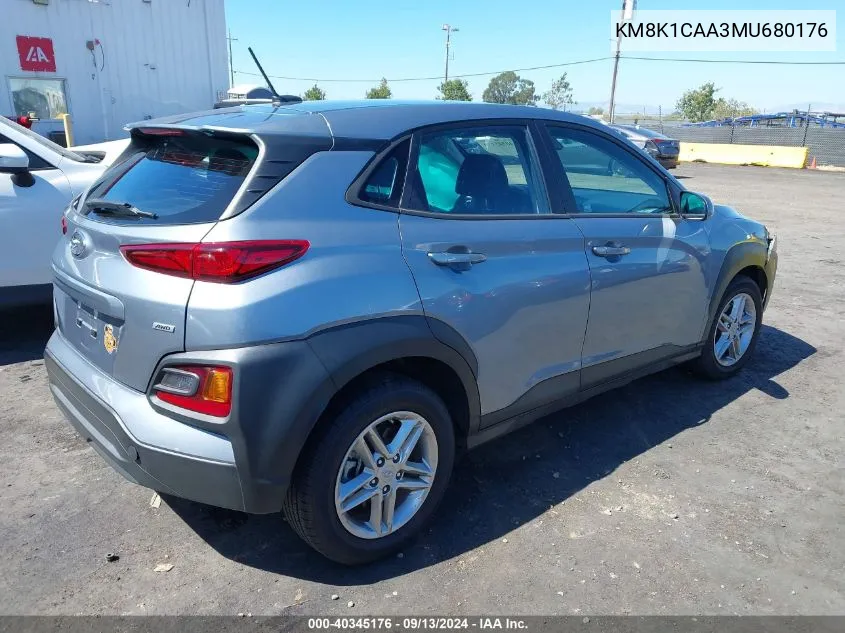 2021 Hyundai Kona Se VIN: KM8K1CAA3MU680176 Lot: 40345176